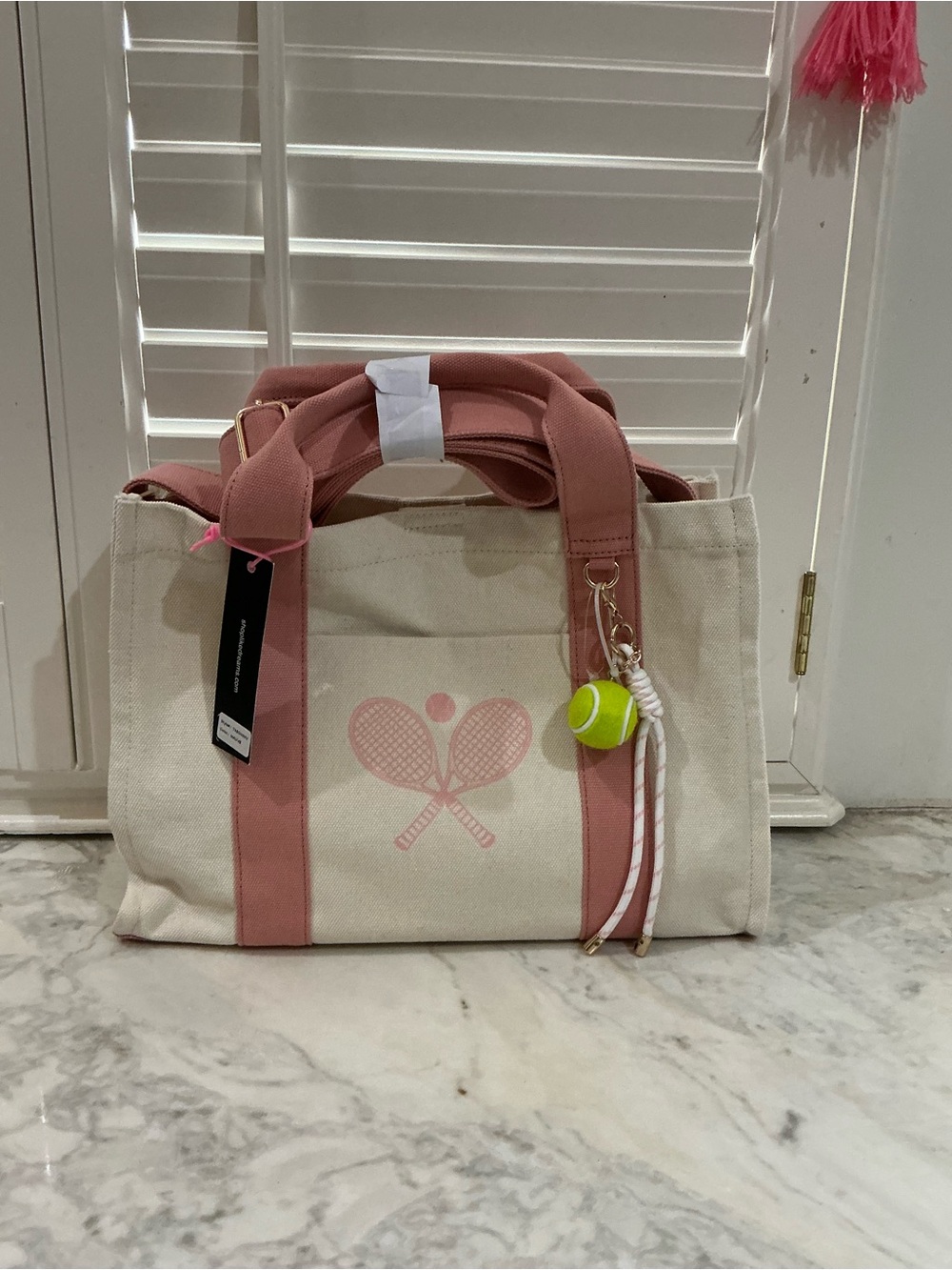 NWT Like Dreams Tennis Tote Bag Mauve Pink Cream Canvas Racquet Charm